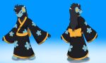 2015 absurd_res anthro asian_clothing biped black_clothing black_hair black_markings blue_background blue_body blue_clothing bow_ribbon brown_eyes clothed clothing colored east_asian_clothing female fingers generation_4_pokemon glistening glistening_hair hair hi_res japanese_clothing kimono kirara_(swack16) luxray markings multicolored_body multiple_angles nintendo paws pink_nose pokemon pokemon_(species) red_sclera simple_background smile solo standing wolferion yellow_clothing yellow_inner_ear