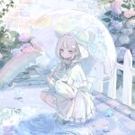  1girl :/ animal_ears aqua_boots aqua_bow aqua_bowtie aqua_capelet aqua_eyes back_bow beads blunt_bangs blush boots bow bowtie braid braided_ponytail building bush capelet closed_mouth cloud_hair_ornament day dot_nose dress fake_animal_ears fence flower frilled_capelet frilled_dress frilled_sleeves frills full_body hair_bow hair_intakes hair_ornament hair_over_shoulder hairclip hashtag-only_commentary highres holding holding_umbrella hood hood_up hooded_capelet hydrangea inaba_0717 lace-trimmed_umbrella light_particles light_rays long_sleeves looking_at_viewer low_side_ponytail medium_dress medium_hair original outdoors pink_flower puddle puffy_long_sleeves puffy_sleeves purple_flower rainbow ripples rubber_boots sidelocks solo squatting sunbeam sunlight transparent transparent_umbrella umbrella umbrella_over_shoulder water water_drop watermark white_fence white_hair wooden_fence 
