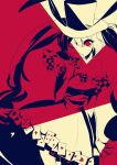  1girl ace_(playing_card) ace_of_hearts animal_ears argyle_bow argyle_bowtie argyle_clothes bare_shoulders bow bowtie card checkered_bow checkered_bowtie checkered_clothes checkered_sleeves collarbone covered_mouth dress eyelashes floppy_ears gloves greyscale hair_between_eyes hat hatsune_miku hatsune_miku_(ivy_rabbit) heart high_contrast holding holding_card long_hair looking_at_viewer monochrome morgue_(southsakura) off-shoulder_dress off_shoulder one_eye_closed playing_card pleated_sleeves project_diva project_diva_(series) project_diva_x rabbit_ears red_background red_eyes short_dress short_sleeves simple_background solo spot_color thighs top_hat twintails two-tone_background very_long_hair vocaloid wavy_hair white_background 