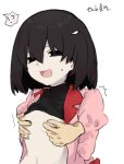  1girl black_eyes black_hair black_undershirt bob_cut breasts clothes_lift covered_nipples empty_eyes grabbing_from_behind hair_between_eyes jacket lapels long_sleeves looking_at_viewer molestation monogatari_(series) naoetsu_high_school_uniform narrowed_eyes nervous_sweating nipple_stimulation notched_lapels open_mouth oshino_ougi pale_skin pink_jacket red_trim school_uniform shirt shirt_lift short_hair simple_background small_breasts smile sweat sweatdrop tongue tsugumi_(tgm_615486) upper_body very_long_sleeves white_background 