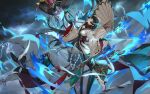  1girl black_gloves black_hair blue_fire brown_eyes chiyome_(persona) closed_mouth cloud cloudy_sky fire floating_hair gloves holding holding_umbrella japanese_clothes kimono lightning lips long_hair looking_at_viewer obi official_alternate_costume official_art oil-paper_umbrella persona persona_5 persona_5:_the_phantom_x red_lips sash sky tanemura_riko third-party_source umbrella white_kimono wide_sleeves yellow_eyes 