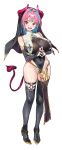  1girl absurdres bare_shoulders black_bridal_gauntlets black_leotard black_thighhighs black_veil blue_hair blush breasts bridal_gauntlets colored_inner_hair commentary_request covered_navel demon_horns demon_tail demon_wings fang fingernails fishnet_top fishnets groin hair_intakes heart heart_o-ring high_heels highres horns huge_breasts kanan-sama_wa_akumade_choroi kanan_(kanan-sama) leotard looking_at_viewer medium_hair multicolored_hair nonco o-ring o-ring_thigh_strap open_mouth pink_eyes pink_hair pink_horns pink_tail shoes simple_background slit_pupils smile solo streaked_hair sweat tail thigh_strap thighhighs thighs two-tone_hair veil white_background wings yellow_shoes 