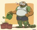 anthro athletic_wear blue_clothing bottomwear clothing eyewear footwear glasses gym_bottomwear gym_shorts hi_res iguana iguanid lizard male nanoff reptile sandals scalie shirt shoes shorts solo tank_top topwear watering_can watering_plants wearing_glasses whistling white_clothing