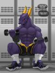 2022 3:4 abs absurd_res anthro bakugan black_bottomwear black_clothing black_shorts bottomwear clothed clothing digital_media_(artwork) dragon dumbbell english_text exercise footwear hi_res holding_dumbbell holding_object horn male muscular muscular_anthro muscular_male mythological_creature mythological_scalie mythology pecs percival_(bakugan) purple_body red_eyes scalie sellon shoes shorts sitting sneakers socks solo spread_legs spreading text thought_bubble topless topless_anthro topless_male weightlifting weights workout yellow_horn