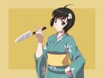  :3 ahoge araragi_tsukihi black_eyes black_hair bob_cut fried_egg hair_ornament hand_on_hip highres japanese_clothes kimono knife light_smile monogatari_(series) nisemonogatari pitecube short_hair solo 