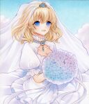  1girl absurdres alice_margatroid alternate_costume blonde_hair blue_eyes blue_flower blush bouquet breasts bridal_veil cleavage collarbone commentary_request dress earrings flower highres holding holding_bouquet hydrangea jewelry long_hair looking_at_viewer marker_(medium) open_mouth puffy_short_sleeves puffy_sleeves short_sleeves smile solo tiara touhou traditional_media veil wedding_dress white_dress yuuki_hana_(jtnp5334) 