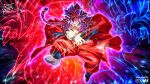  1boy aura black_wrist_cuffs blue_hair body_fur dougi dragon_ball dragon_ball_gt dragon_ball_heroes dragon_ball_super earrings full_body fusion glowing highres jewelry kamehameha_(dragon_ball) multicolored_hair nickartth pants potara_earrings red_fur red_hair red_pants red_tunic solo_focus son_goku streaked_hair super_saiyan super_saiyan_4 tunic two-tone_hair wrist_cuffs 