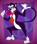 2024 anthro black_body black_ears black_eyewear black_fur black_hair black_nose black_sunglasses black_tail blowing_bubble_gum bubba_(bubbaloo) bubbaloo_(gum) bubble_gum curvy_figure digital_media_(artwork) domestic_cat eyewear felid feline felis fur gavanzude gesture hair hand_gesture hi_res male mammal necktie pointing pointing_at_self pose red_necktie solo sunglasses tail two_tone_tail whiskers white_body white_fur white_tail wide_hips