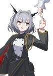  1girl 1other absurdres aiguillette arknights arm_up black_cape black_eyes black_horns black_jacket cape commentary fubou_(0503oekaki24) grey_hair hair_intakes highres horns jacket long_sleeves looking_up open_mouth out_of_frame red_cape sad_smile short_hair simple_background solo_focus talulah_(arknights) talulah_the_fighter_(arknights) tearing_up two-sided_cape two-sided_fabric white_background 