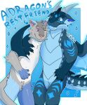 anthro biped blue_eyes bylurcreatez dragon duo felid hi_res male male/male mammal membrane_(anatomy) mythological_creature mythological_scalie mythology one_eye_closed purple_eyes scalie standing wings