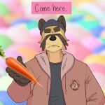 1:1 anthro beanie black_beanie black_clothing black_ears black_hair black_hand black_hat black_headwear black_shirt black_topwear blush canid canine carrot chuck_(p_rindustries) clothing collar dialogue eyebrows eyes_always_closed eyes_closed food frown fur furgonomic_headwear furgonomics hair hat headgear headwear hi_res jacket logo_on_clothing male mammal p_rindustries p_rindustries_(p_rindustries) plant raccoon_dog shirt solo standing stubble talking_to_viewer tan_body tan_fur tanuki text thick_eyebrows topwear vegetable