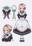  1girl absurdres alternate_costume aqua_gemstone ascot black-framed_eyewear black_bow black_bowtie black_dress black_hairband blonde_hair bow bowtie breasts closed_mouth commentary dress emilie_(genshin_impact) enmaided frilled_hairband frills full_body gem genshin_impact glasses gradient_hair hairband hand_up highres large_breasts light_smile long_sleeves looking_at_viewer maid maid_headdress multicolored_hair multiple_views own_hands_together pink_hair puffy_long_sleeves puffy_sleeves purple_eyes semi-rimless_eyewear sikaku simple_background standing twitter_username white_dress white_hairband yellow_ascot 