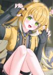  1girl absurdres animal_ear_fluff animal_ears black_gloves black_shirt blonde_hair blunt_bangs blush breasts claw_pose collared_shirt cropped_jacket fang fingerless_gloves gamel_120 gloves green_eyes high-waist_shorts highres jacket ju_fufu knees_together_feet_apart long_hair looking_at_viewer multicolored_hair open_mouth shirt shorts smile solo striped_hair tail thigh_strap tiger_ears tiger_girl tiger_stripes tiger_tail two-tone_hair yellow_jacket zenless_zone_zero 