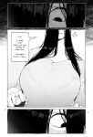  1girl blush bra bra_visible_through_clothes breasts english_text greyscale highres huge_breasts long_hair monochrome ohasi ribbon see-through_clothes the_ring underwear yamamura_sadako 