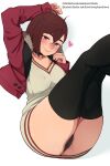  1girl absurdres animanghayo artist_name ass ayase_momo black_panties black_thighhighs blush breasts brown_hair cameltoe clip_studio_paint_(medium) closed_mouth commentary covered_nipples dandadan english_commentary feet_out_of_frame fur-trimmed_jacket fur_trim hair_between_eyes half-closed_eyes heart highres jacket kneepits large_breasts legs_up long_sleeves looking_at_viewer lying official_alternate_costume on_back open_clothes open_jacket panties patreon_logo patreon_username red_eyes red_jacket shirt simple_background skindentation sleeves_past_wrists smile solo subscribestar_logo subscribestar_username thick_eyebrows thick_thighs thighhighs thighs underwear web_address white_background white_shirt 