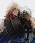  2boys absurdres antenna_hair black_shirt blonde_hair blue_cape blush braid cape clawed_gauntlets coat earrings facial_tattoo from_behind ggtnnk gold_earrings gradient_hair hair_between_eyes hand_on_another&#039;s_head hashtag-only_commentary highres honkai:_star_rail honkai_(series) hug jewelry male_focus medium_hair multicolored_hair multiple_boys mydei_(honkai:_star_rail) phainon_(honkai:_star_rail) red_hair red_tattoo shirt short_hair side_braid side_cape simple_background smile tattoo white_background white_coat white_hair yaoi yellow_eyes 