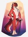 2025 anthro ball_tuft balls biped brown_body brown_fur brown_hair canid canine claws dhole digital_media_(artwork) digitigrade finger_claws fur genitals hair hi_res humanoid_genitalia humanoid_penis looking_at_another male male_anthro mammal multicolored_body multicolored_fur neck_tuft nude_anthro nude_male orange_body orange_fur paws penis pubes solo toe_claws tuft vateo walking_cane white_body white_fur yellow_eyes