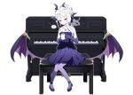  1girl absurdres black_halo blue_archive breasts demon_girl demon_horns demon_wings dress earrings full_body gloves grand_piano halo highres hina_(blue_archive) hina_(dress)_(blue_archive) horns instrument jewelry kedegn long_hair necklace off_shoulder pantyhose pendant piano purple_dress purple_eyes purple_gloves sitting small_breasts solo white_hair wings 