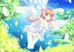  angel_wings bare_shoulders blonde_hair blue_eyes cloud day detached_sleeves feathers frills garter_straps leaf legs_together long_hair miyu_(botan) open_mouth original ribbon skirt solo thighhighs wading water white_legwear white_skirt wings 