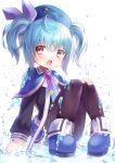  1girl absurdres ahoge beret blue_boots blue_hair boots chachong_sama emil_chronicle_online hair_ribbon hat highres necktie open_mouth pantyhose purple_necktie pururu_alma red_eyes ribbon short_twintails sitting twintails water_drop white_background 