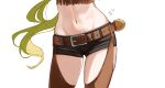  1girl belt black_shorts blonde_hair brown_belt chaps commentary cowgirl_(western) flying_sweatdrops groin highres kimi_no_koto_ga_dai_dai_dai_dai_daisuki_na_100-nin_no_kanojo long_hair lower_body midriff navel short_shorts shorts simple_background solo stomach_blush ten_hwang2 very_long_hair white_background yamato_nadeshiko_(hyakkano) 