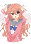  1girl :d blue_bow blue_bowtie blue_scrunchie blush bow bowtie commentary_request cropped_legs double_v eyes_visible_through_hair grey_sailor_collar hair_between_eyes hair_ornament hair_scrunchie hands_up happy highres inaba_meguru jacket letterman_jacket long_hair looking_at_viewer one_side_up open_mouth orange_hair pink_jacket red_eyes sailor_collar sanoba_witch school_uniform scrunchie serafuku simple_background sleeves_past_wrists smile solo upper_body v warm_sheep wavy_hair white_background white_sleeves 
