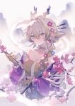  1girl absurdres arknights bandeau bare_shoulders blonde_hair blue_hair braid branch breasts chinese_commentary choker cleavage closed_mouth collarbone colored_extremities commentary_request crop_top dated dragon dragon_girl dragon_horns earrings eastern_dragon floater_(floater80012059) flower frilled_sleeves frills fruit_earrings grey_eyes hair_between_eyes hair_flower hair_intakes hair_ornament hair_over_shoulder highres holding holding_branch horns jacket jewelry long_hair long_sleeves medium_breasts multicolored_hair off_shoulder official_alternate_costume partial_commentary pink_flower pink_jacket pointy_ears shawl shu_(arknights) shu_(spring_feast)_(arknights) simple_bird smile solo sparkle watermark white_hair white_shawl yellow_bandeau yellow_choker 