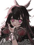  1girl aiguillette bandaged_wrist bandages black_hair blood blood_on_face blood_on_hands blunt_bangs blunt_tresses coat columbina_(genshin_impact) cowlick double-parted_bangs enoziku_16 expressionless fatui_coat fingernails fur_collar genshin_impact hair_intakes hair_ribbon hair_tubes hand_up head_wings highres long_hair looking_at_viewer multicolored_hair multiple_wings open_hand pink_eyes portrait red_hair ribbon sidelocks sketch solo streaked_hair tress_ribbon white_background white_coat white_ribbon white_wings wide-eyed wings 