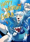  1girl blue_nails closed_eyes english_text fins fish_tail fist_pump flat_chest gawr_gura gawr_gura_(1st_costume) highres hololive hololive_english hood hoodie multicolored_hair nail_polish shark_tail sharp_teeth shorts shrimp smile spriggantweet streaked_hair tail teeth water white_hair 