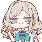  &gt;:) 1girl blue_dress blue_eyes blue_neckerchief c: ceras_yanagida_lilienfeld closed_mouth dress grey_hair hair_ribbon hasu_no_sora_school_uniform highres jitome link!_like!_love_live! long_hair looking_at_viewer love_live! neckerchief oofushi_ao pink_ribbon puffy_short_sleeves puffy_sleeves ribbon sailor_collar sailor_dress school_uniform short_sleeves signature simple_background smile solo split_mouth summer_uniform upper_body v v-shaped_eyebrows virtual_youtuber white_background white_sailor_collar 