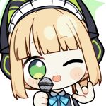 1girl :d \m/ animal_ear_headphones animal_ears animated animated_gif apron aqua_bow aqua_bowtie beamed_eighth_notes black_dress blonde_hair blue_archive blunt_bangs blunt_ends blush_stickers bow bowtie cat_ear_headphones cat_ears chibi chunye_haruya collared_dress commission contrast_collar disembodied_hand dot_nose dress fake_animal_ears fang green_eyes green_halo halo headphones holding holding_microphone looking_at_viewer lowres maid maid_apron maid_headdress microphone midori_(blue_archive) midori_(maid)_(blue_archive) missing_commentary music musical_note official_alternate_costume official_alternate_hairstyle one_eye_closed open_mouth ponytail second-party_source short_hair sidelocks simple_background singing skin_fang smile solo transparent_background upper_body white_apron white_headdress 