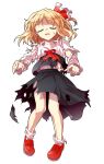  1girl alphes_(style) ascot black_dress black_vest blonde_hair blouse closed_eyes collar collared_shirt commentary_request dairi defeat dress fang frilled_collar frilled_sleeves frills full_body hair_ribbon large_variant_set long_sleeves mary_janes open_mouth parody red_ascot red_ribbon red_shoes ribbon rumia shirt shoes socks solo style_parody sweatdrop tachi-e torn_ascot torn_clothes torn_dress torn_shirt torn_sleeves torn_vest touhou transparent_background two-tone_ribbon variant_set vest white_ribbon white_sleeves white_socks white_trim 