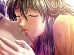  1boy 1girl blush couple game_cg green_eyes kiss kurio_asuka purple_hair sodom_no_shima:_night_of_blind 