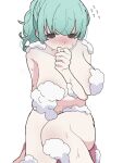  1girl aqua_hair bath_stool biting_own_finger blush breasts brown_eyes collarbone commentary completely_nude flying_sweatdrops highres kimi_no_koto_ga_dai_dai_dai_dai_daisuki_na_100-nin_no_kanojo large_breasts long_hair nemui_nemu nose_blush nude pizzayanopunch simple_background sitting soap_bubbles solo stool white_background 