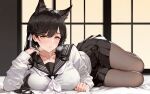  1girl ai-generated animal_ears arm_rest arm_support atago_(azur_lane) atago_(school_traumerei)_(azur_lane) azur_lane bed_sheet black_hair black_pantyhose black_sailor_collar black_skirt blush breasts breath cardigan collarbone extra_ears full_body hair_ribbon highres hong_cha_xian_ren indoors large_breasts long_hair long_sleeves looking_at_viewer lying mole mole_under_eye nose on_bed on_side pale_skin pantyhose parted_lips pink_lips pleated_skirt ribbon sailor_collar school_uniform serafuku sidelocks skirt solo sweat swept_bangs teeth thick_thighs thighs very_long_hair white_cardigan white_ribbon wolf_ears wolf_girl 