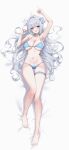  1girl absurdres arm_up armpits bare_legs bare_shoulders barefoot bed_sheet bikini blue_bikini blue_eyes bow breasts cleavage commentary_request commission dakimakura_(medium) feet hair_bow hair_bun hair_spread_out halterneck hand_up harin_(byeolbich) highres korean_commentary large_breasts long_hair looking_at_viewer lying navel on_back open_mouth original revision second-party_source simple_background single_side_bun smile solo soymilk_arts2 stomach strap_gap string_bikini swimsuit thigh_gap thigh_strap toes very_long_hair wet white_background white_hair 