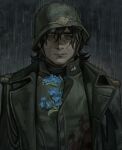  1boy absurdres bags_under_eyes black_coat black_hair blood blood_on_clothes brown_eyes coat combat_helmet dark flower flower_in_clothes forget-me-not_(flower) helmet highres looking_at_viewer male_focus military_uniform original partially_shaded_face rain short_hair silverheather soldier solo upper_body 
