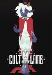 2_horns ambiguous_anthro ambiguous_gender anthro bell bell_collar biped black_background bovid caprine collar cult_of_the_lamb digital_media_(artwork) english_text featureless_crotch hi_res horn kittem4 lamb_(cult_of_the_lamb) mammal massive_monster_(studio) navel sheep simple_background solo standing text