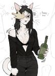 alcohol_bottle alternate_species anthozoan anthro bangs belt black_bottomwear black_bra black_clothing black_eyes black_hair black_jeans black_pants black_shirt black_topwear black_underwear blush blush_stickers bodily_fluids bottle bottomwear bra breasts bubble cleavage clothed clothing cnidarian container coral coral_glasses_(ena) denim denim_bottomwear denim_clothing digital_drawing_(artwork) digital_media_(artwork) domestic_cat drunk drunk_bubble ena:_dream_bbq eyewear felid feline felis female glasses hair hi_res holding_bottle holding_container holding_object jeans long_hair long_sleeves looking_at_viewer mammal marine medium_breasts off_shoulder one_eye_obstructed open_clothing open_shirt open_topwear pants parted_bangs portrait raccoattack shaking shirt solo substance_intoxication sweat sweaty_face tail thigh_gap topwear trembling underwear whiskers
