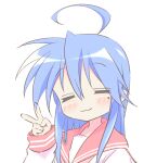  1girl :3 blue_hair blush closed_eyes commentary highres izumi_konata kmym97457689 long_hair long_sleeves lucky_star mole mole_under_eye portrait school_uniform serafuku sleeves_past_wrists smile solo symbol-only_commentary v 