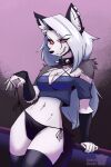 2:3 anthro breasts canid canid_demon canine cleavage clothed clothing clothing_pull collar crop_top demon ear_piercing eyebrow_piercing facial_piercing female fingerless_gloves fur gloves grin hair handwear hellhound helluva_boss leaning leaning_backward legwear long_hair looking_at_viewer loona_(helluva_boss) mammal multicolored_body multicolored_fur mythological_canine mythological_creature mythology navel panties panty_pull partially_clothed piercing pinup pose red_eyes roksodraws sexy_eyes shirt side-tie_panties simple_background smile solo spiked_collar spikes standing stockings teeth topwear underwear underwear_pull white_body white_fur white_hair