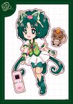  1girl akimoto_komachi animal_print boots border bow bowtie butterfly_hair_ornament butterfly_print cellphone clenched_hands collared_vest cure_mint deformed dot_nose dotted_line dress fingerless_gloves flip_phone flower frilled_sleeves frills full_body gloves green_boots green_border green_bow green_bowtie green_eyes green_hair green_shorts green_vest grid_background hair_flower hair_ornament high_heel_boots high_heels highres leg_up long_hair low_twintails magical_girl nuts_(yes!_precure_5) open_mouth outline parted_bangs phone pink_bag pink_flower pink_rose precure puffy_short_sleeves puffy_sleeves red_brooch rose short_dress short_sleeves shorts shorts_under_dress smile squirrel tareme twintails uwded_207 very_long_hair vest waist_bag white_background white_dress white_gloves white_outline yes!_precure_5 yes!_precure_5_gogo! 