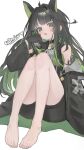  1girl absurdres ahoge arknights bare_shoulders barefoot black_gloves black_hair black_shorts blush can colored_inner_hair drink drink_can emoji feet full_body gloves green_eyes green_hair highres holding holding_drink huge_ahoge linchuanzelaip long_hair long_sleeves looking_at_viewer material_growth mon3tr_(arknights) multicolored_hair off_shoulder oripathy_lesion_(arknights) product_placement shorts simple_background sitting solo toenails toes white_background 
