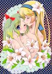  blonde_hair blue_eyes blush breasts checkered checkered_background closed_eyes doily eyelashes flower gradient gradient_background gradient_hair green_hair hair_flower hair_ornament hairband houjyouin large_breasts light_smile lily_(flower) long_hair multicolored_hair multiple_girls nude original parted_lips sparkle touching twintails upper_body wince yuri 