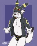 4:5 absurd_res anthro blue_eyes briefs bulge canid canine claws clothing eeveelution eyewear facial_hair fox fur fur_markings generation_2_pokemon glasses hi_res hoodie juan_atoq luxury_ball male mammal maple_(heyymaple) marble_fox markings nintendo nipples pokeball pokemon pokemon_(species) red_fox smile smiling_at_viewer solo topwear true_fox umbreon underwear