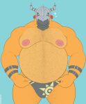 anthro areola armor bandai_namco belly belly_hair big_areola blush blush_lines body_hair bulge chest_hair clothing digimon digimon_(species) english_text hair hairy happy_trail headgear helmet hi_res horn horned_helmet leg_hair male moobs musclegut muscular muscular_anthro muscular_male navel nipple_piercing nipples orange_hair overweight overweight_anthro overweight_male pecs piercing red_hair scales smile solo speedo standing swimwear text tylerstark wargreymon wristband yellow_body yellow_scales