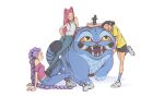  3girls animal_hug bare_shoulders black_hair black_shorts blue_pants blue_socks braid brown_eyes closed_eyes closed_mouth collared_shirt deepoetss demon denim double_bun extra_eyes fangs friends from_side glasses grey_shirt hair_bun hair_up happy hat highres hug jeans kpop_demon_hunters leaning_back leaning_on_animal leaning_to_the_side light_blush light_smile long_braid long_hair looking_down looking_to_the_side looking_up mira_(kpop_demon_hunters) multiple_girls off_shoulder open_mouth pants pink_hair pink_lips purple_hair purple_shirt rumi_(kpop_demon_hunters) shade shadow shirt shoes short_shorts short_sleeves shorts simple_background single_braid sitting sleeveless smile sneakers socks standing standing_on_one_leg tan twintails white_background yellow_shirt zoey_(kpop_demon_hunters) 