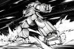  armored_trooper clenched_hand commentary_request fighting_stance greyscale gun highres holding holding_gun holding_weapon kato_takuji looking_to_the_side mecha mecha_focus monochrome no_humans radio_antenna robot science_fiction scopedog solo soukou_kihei_votoms weapon 