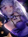  1girl artist_name bare_shoulders black_background black_swan_(honkai:_star_rail) breasts card cleavage commentary_request detached_sleeves dress hariyama1117 heart_ornament highres honkai:_star_rail honkai_(series) large_breasts long_hair long_sleeves looking_at_viewer open_mouth purple_dress purple_hair purple_sleeves purple_veil sleeveless sleeveless_dress smile solo star_ornament tarot tarot_card teeth upper_body veil yellow_eyes 