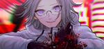 1boy aotsuki_eito black_gloves blood blood_splatter blurry blurry_background english_commentary glasses gloves grey_hair highres holding holding_knife jacket kawati knife looking_at_viewer male_focus mixed-language_commentary portrait purple_eyes self-harm short_hair smile solo the_hundred_line_-last_defense_academy- white_jacket 